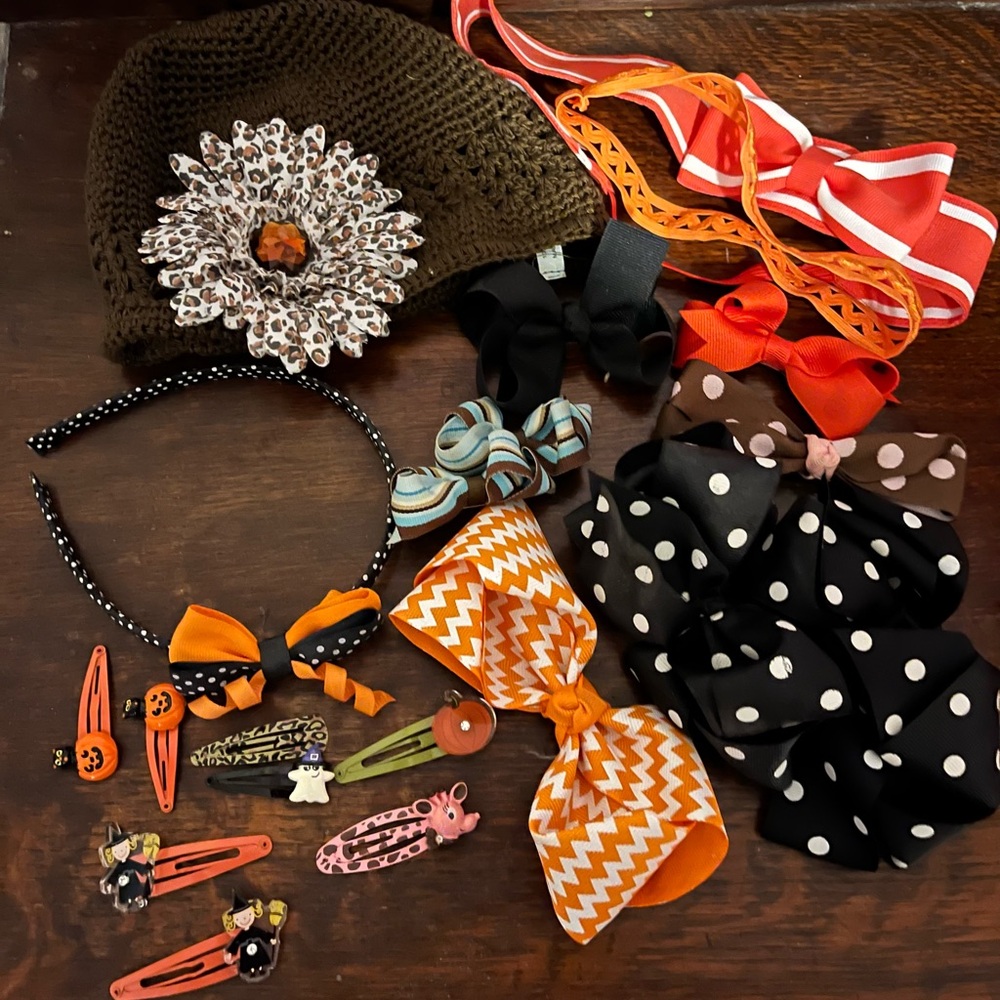 Lot of girl’s fall and Halloween hat, bows, and headbands
